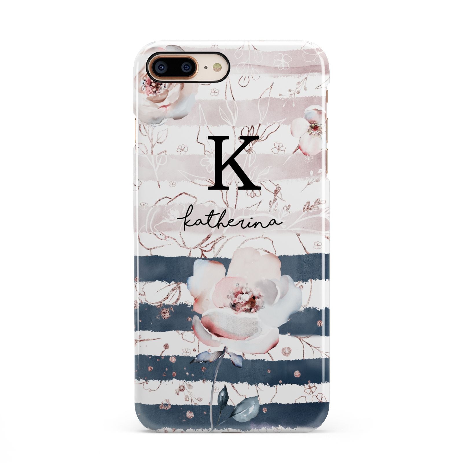 Monogram Pink Blue Striped Watercolour iPhone 8 Plus 3D Snap Case on Gold Phone