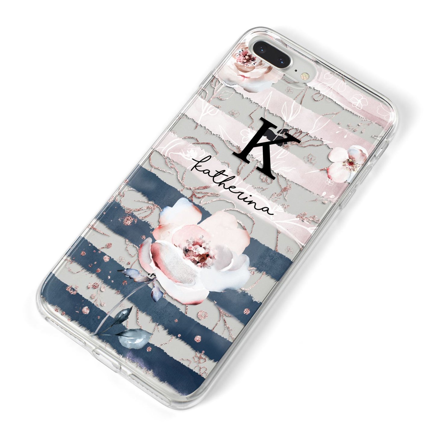 Monogram Pink Blue Striped Watercolour iPhone 8 Plus Bumper Case on Silver iPhone Alternative Image