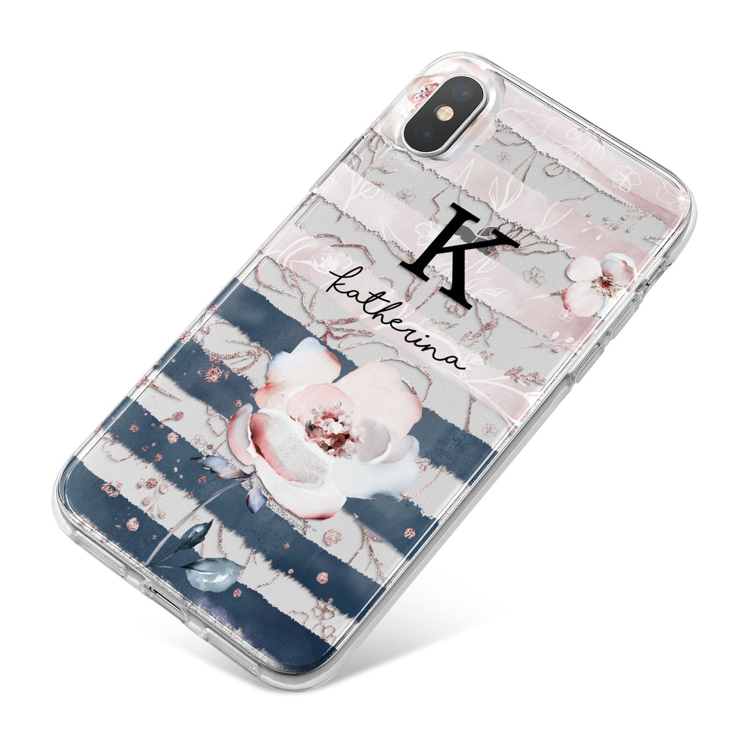 Monogram Pink Blue Striped Watercolour iPhone X Bumper Case on Silver iPhone