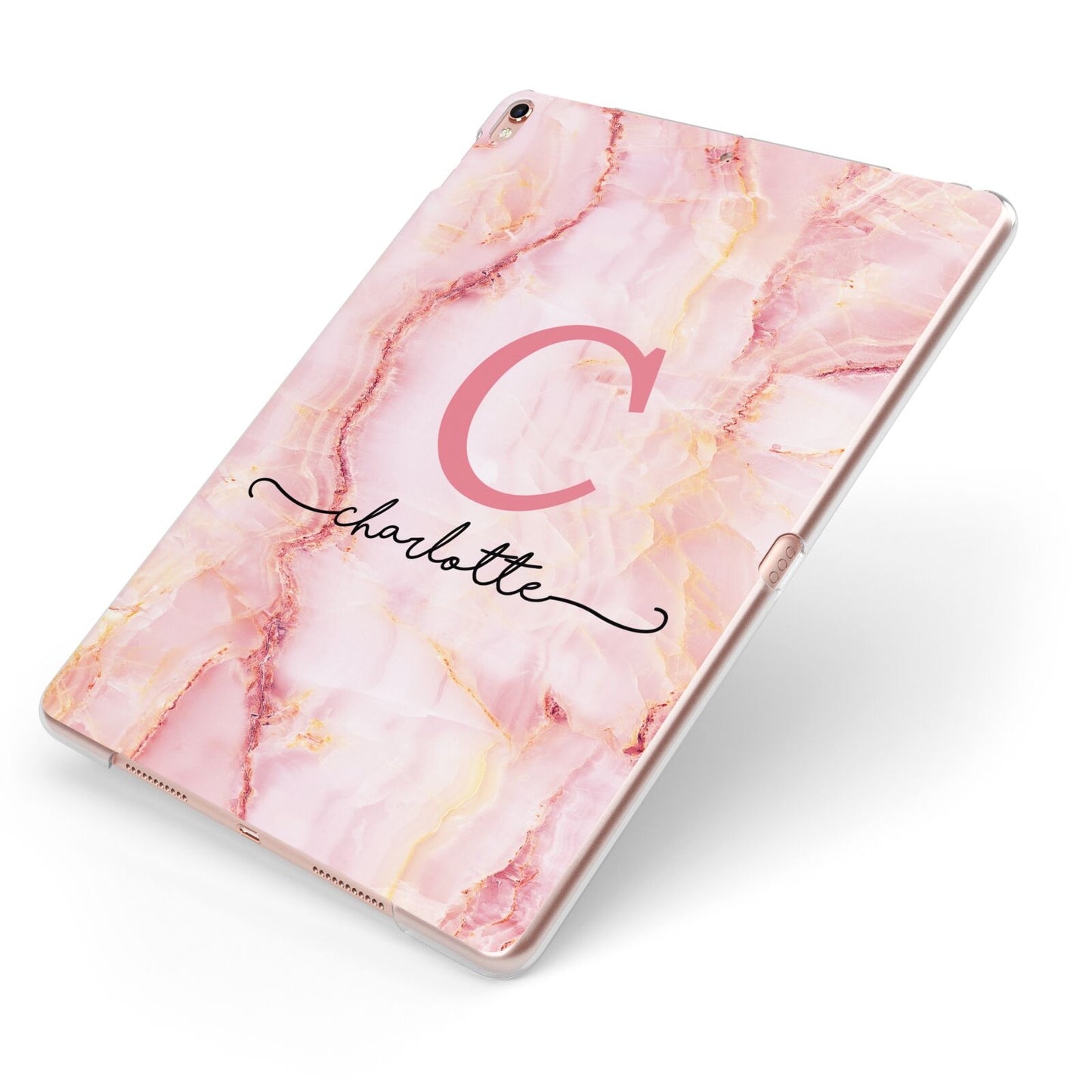 Monogram Pink Gold Agate with Text Apple iPad Case on Rose Gold iPad Side View