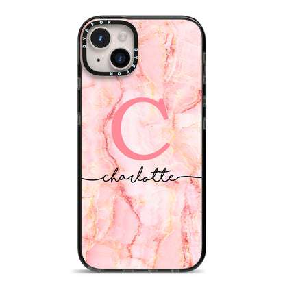 Monogram Pink Gold Agate with Text iPhone 14 Plus Black Impact Case on Silver phone