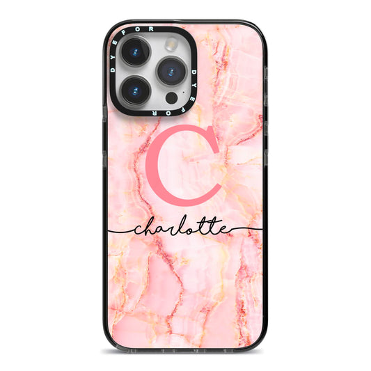 Monogram Pink Gold Agate with Text iPhone 14 Pro Max Black Impact Case on Silver phone