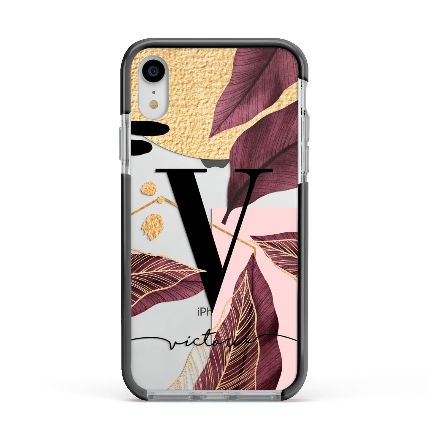 Monogram Tropical Leaves Apple iPhone XR Impact Case Black Edge on Silver Phone