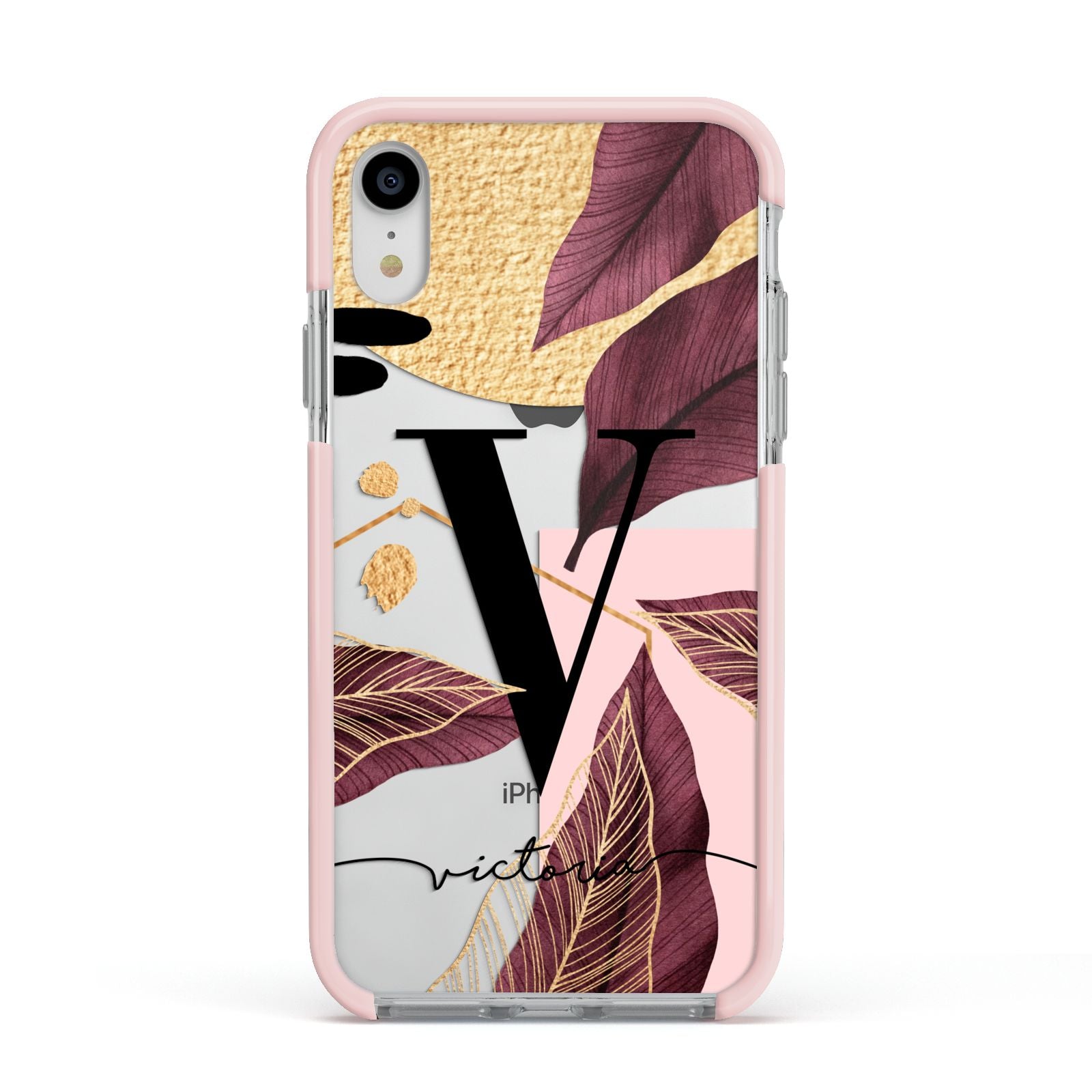 Monogram Tropical Leaves Apple iPhone XR Impact Case Pink Edge on Silver Phone