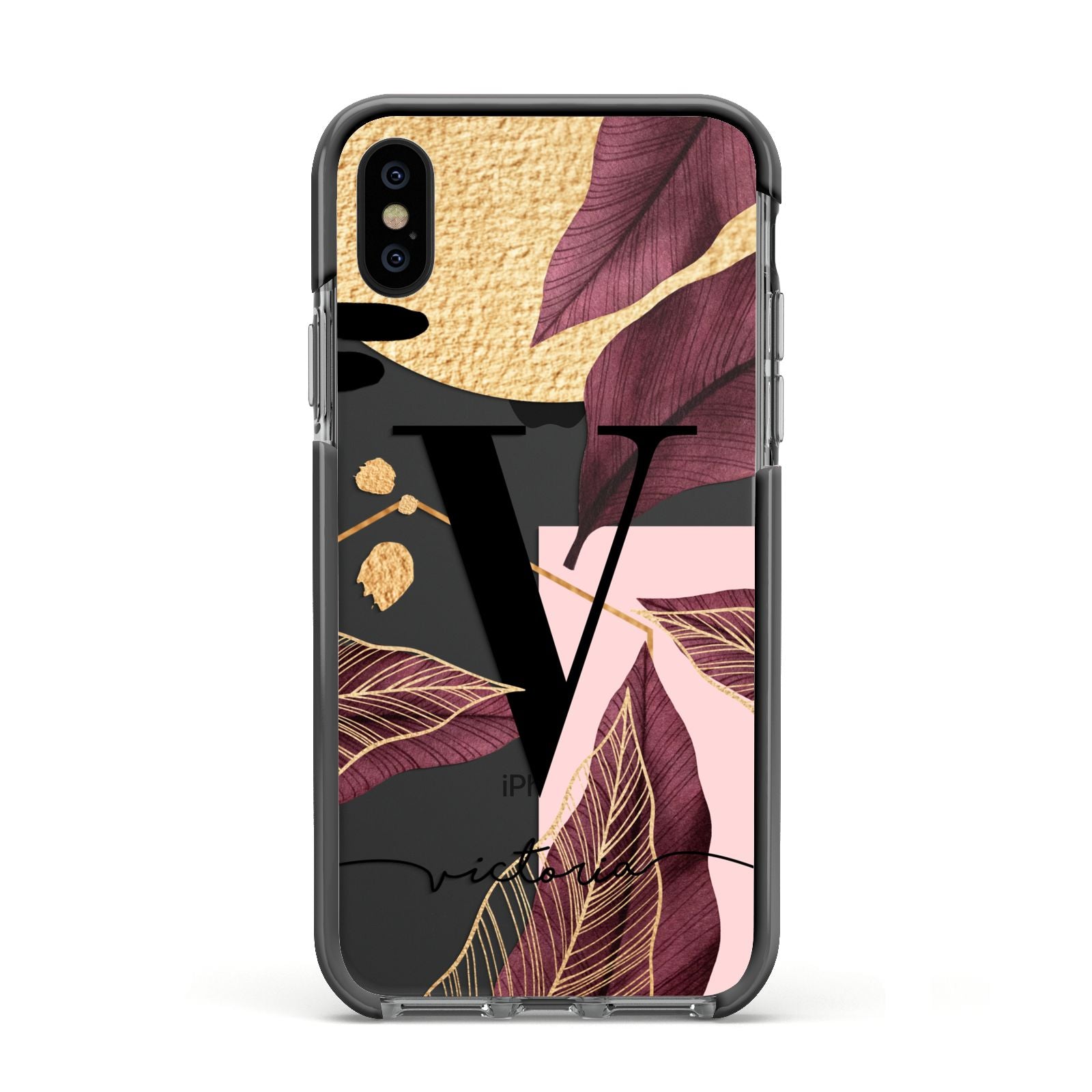 Monogram Tropical Leaves Apple iPhone Xs Impact Case Black Edge on Black Phone