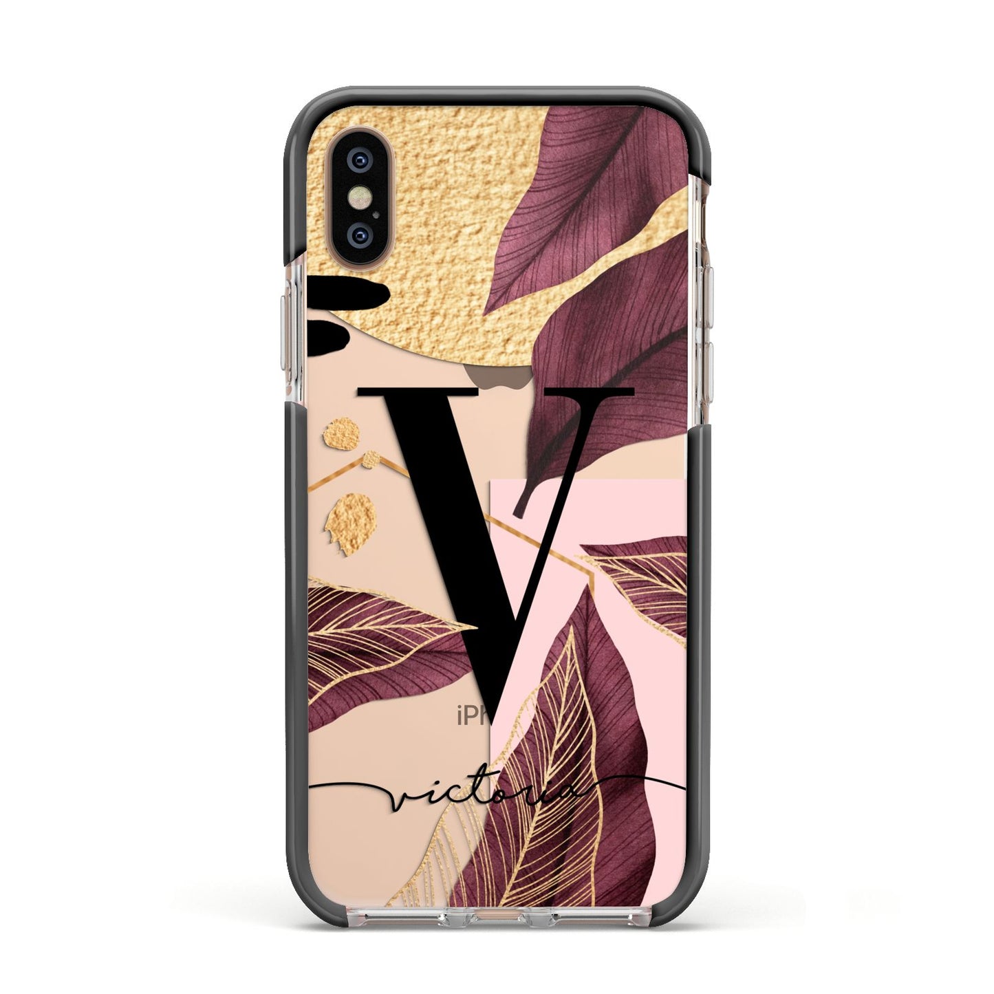 Monogram Tropical Leaves Apple iPhone Xs Impact Case Black Edge on Gold Phone