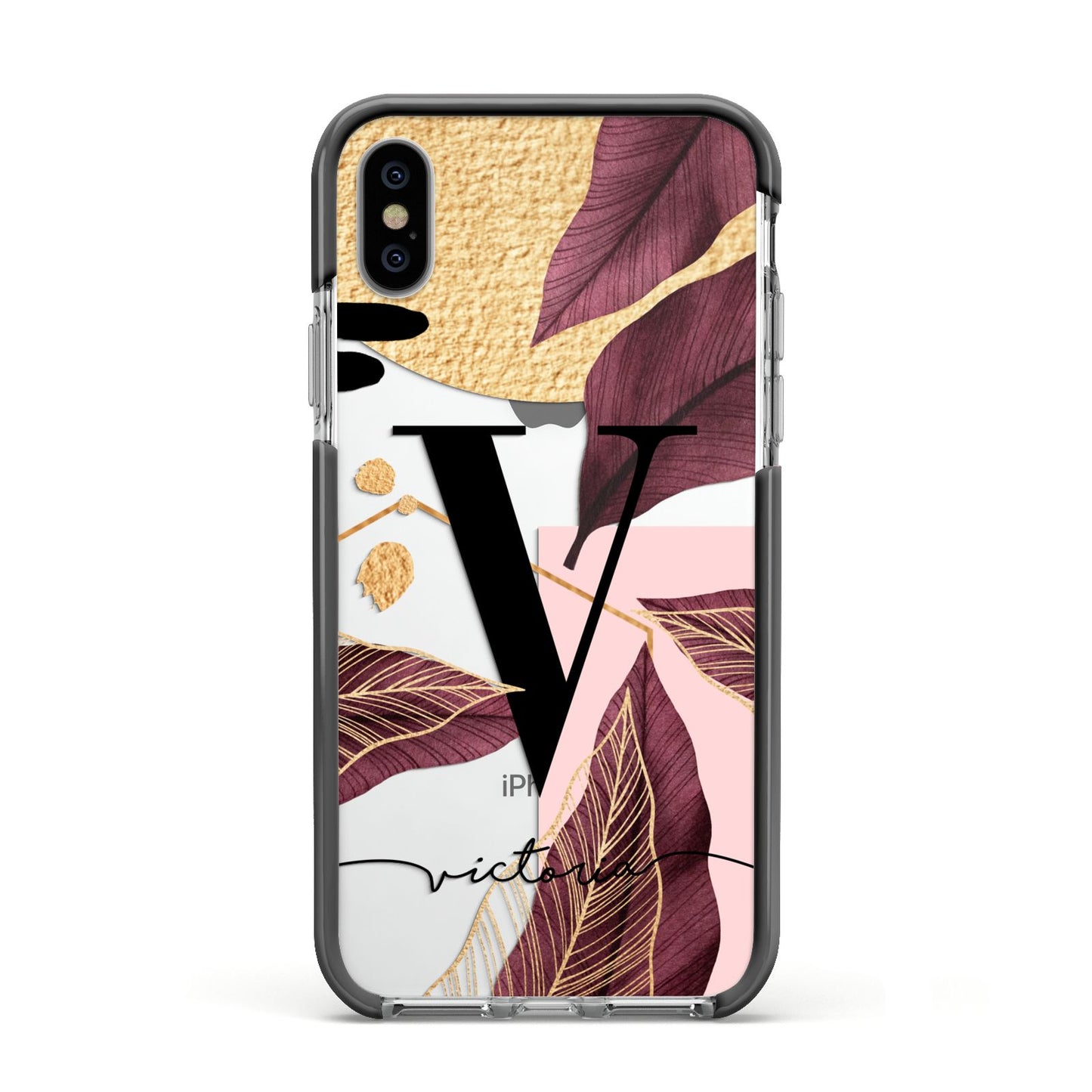 Monogram Tropical Leaves Apple iPhone Xs Impact Case Black Edge on Silver Phone