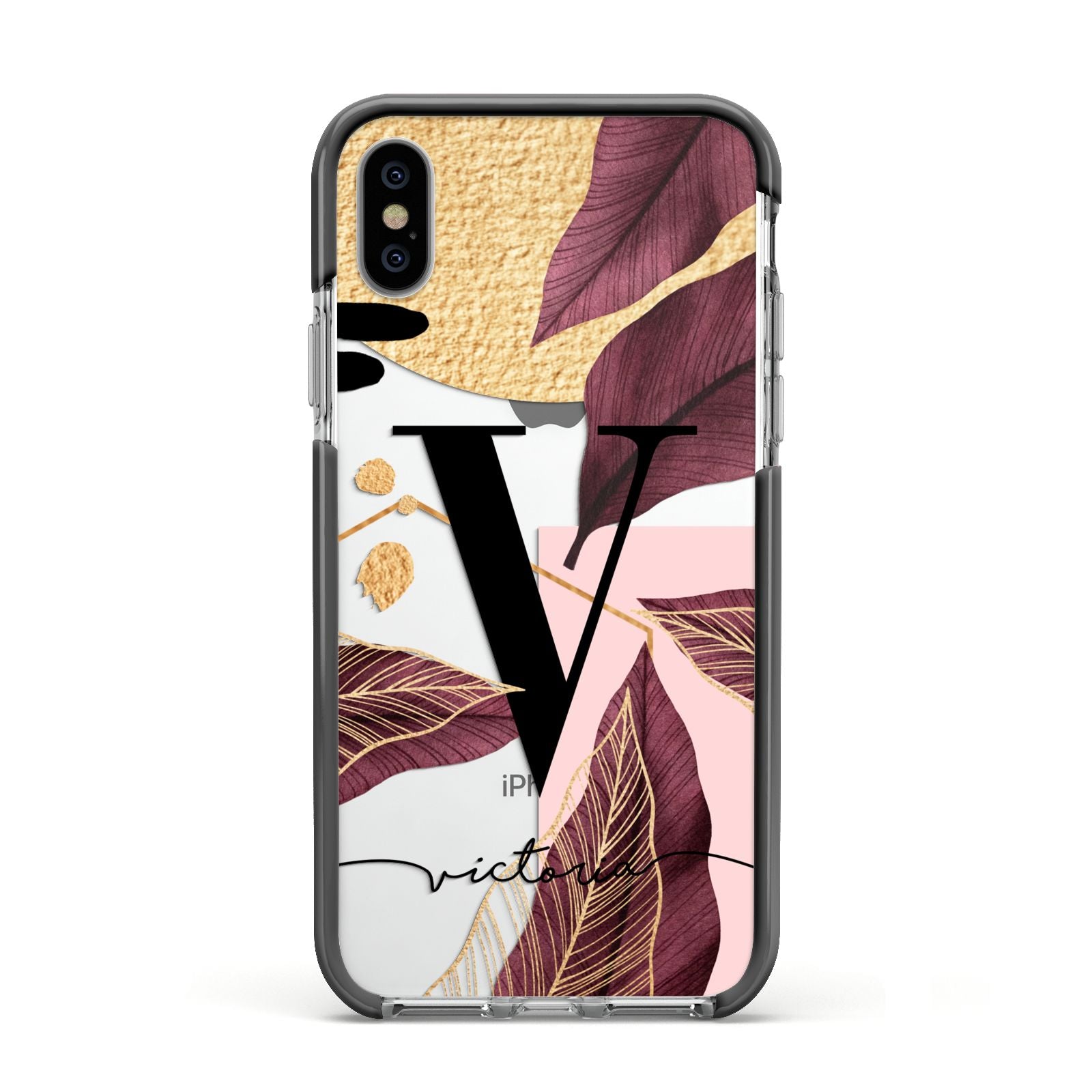 Monogram Tropical Leaves Apple iPhone Xs Impact Case Black Edge on Silver Phone