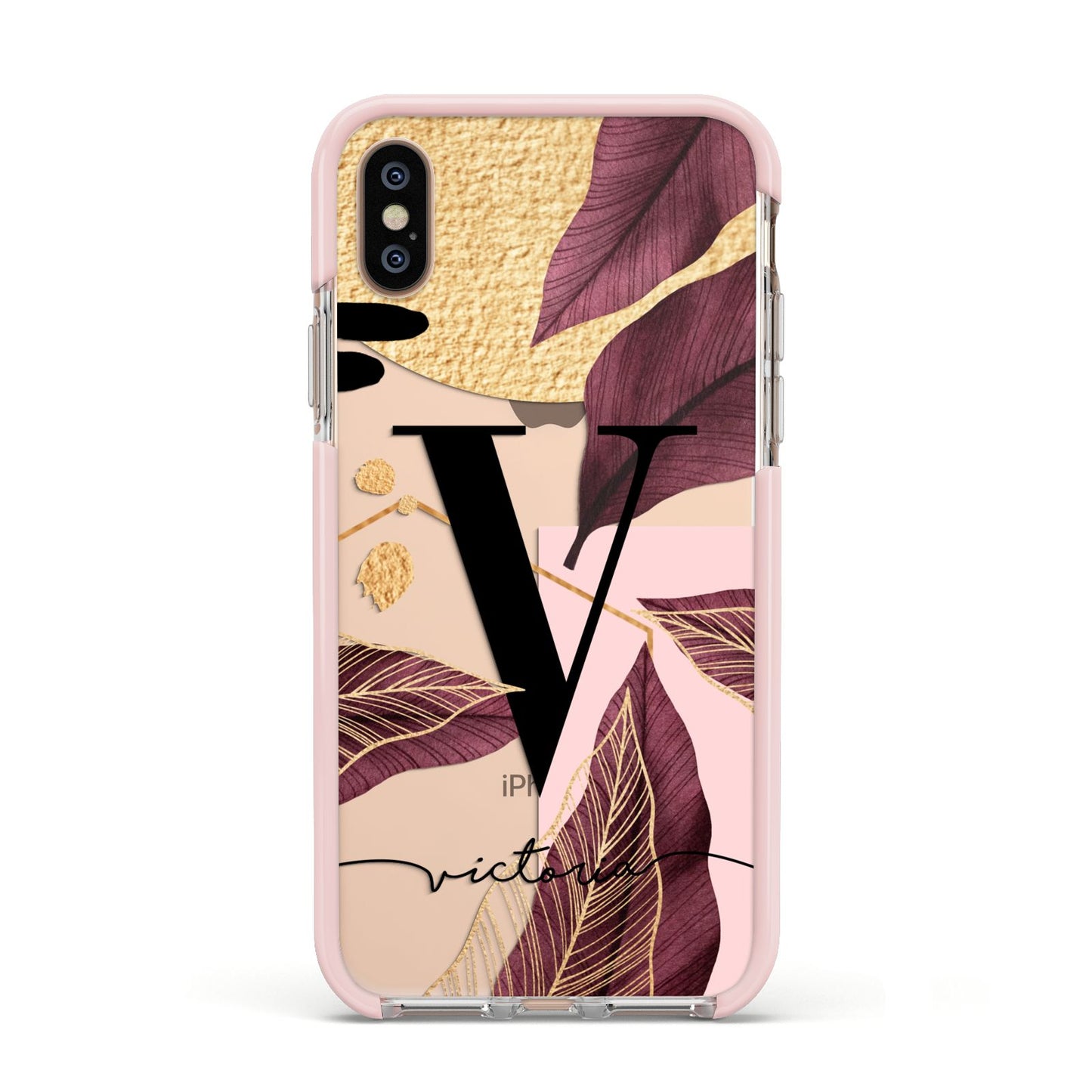 Monogram Tropical Leaves Apple iPhone Xs Impact Case Pink Edge on Gold Phone
