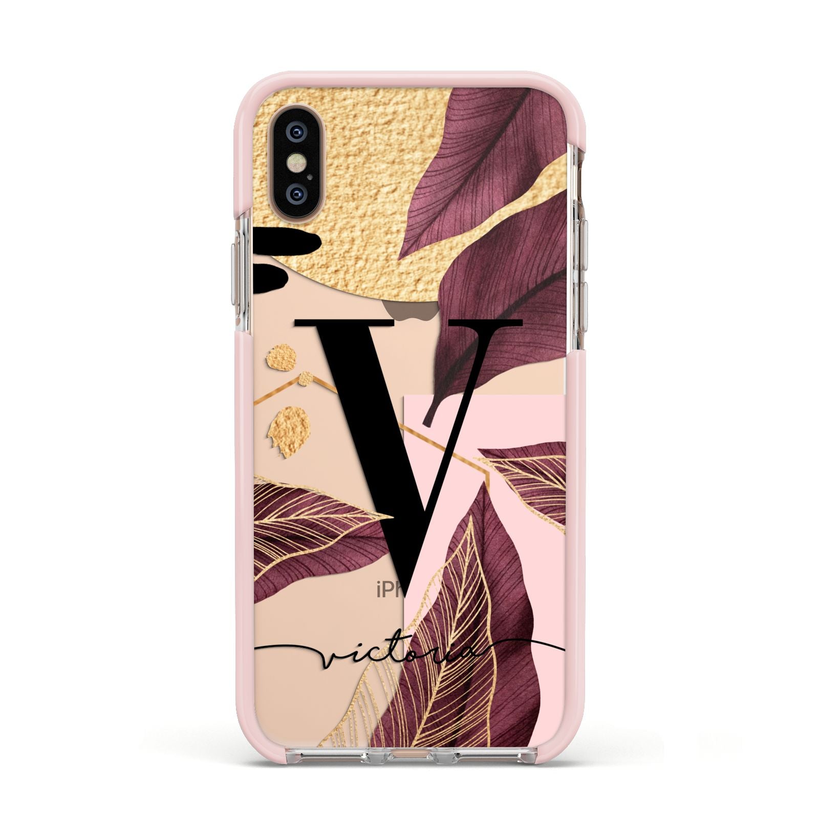 Monogram Tropical Leaves Apple iPhone Xs Impact Case Pink Edge on Gold Phone
