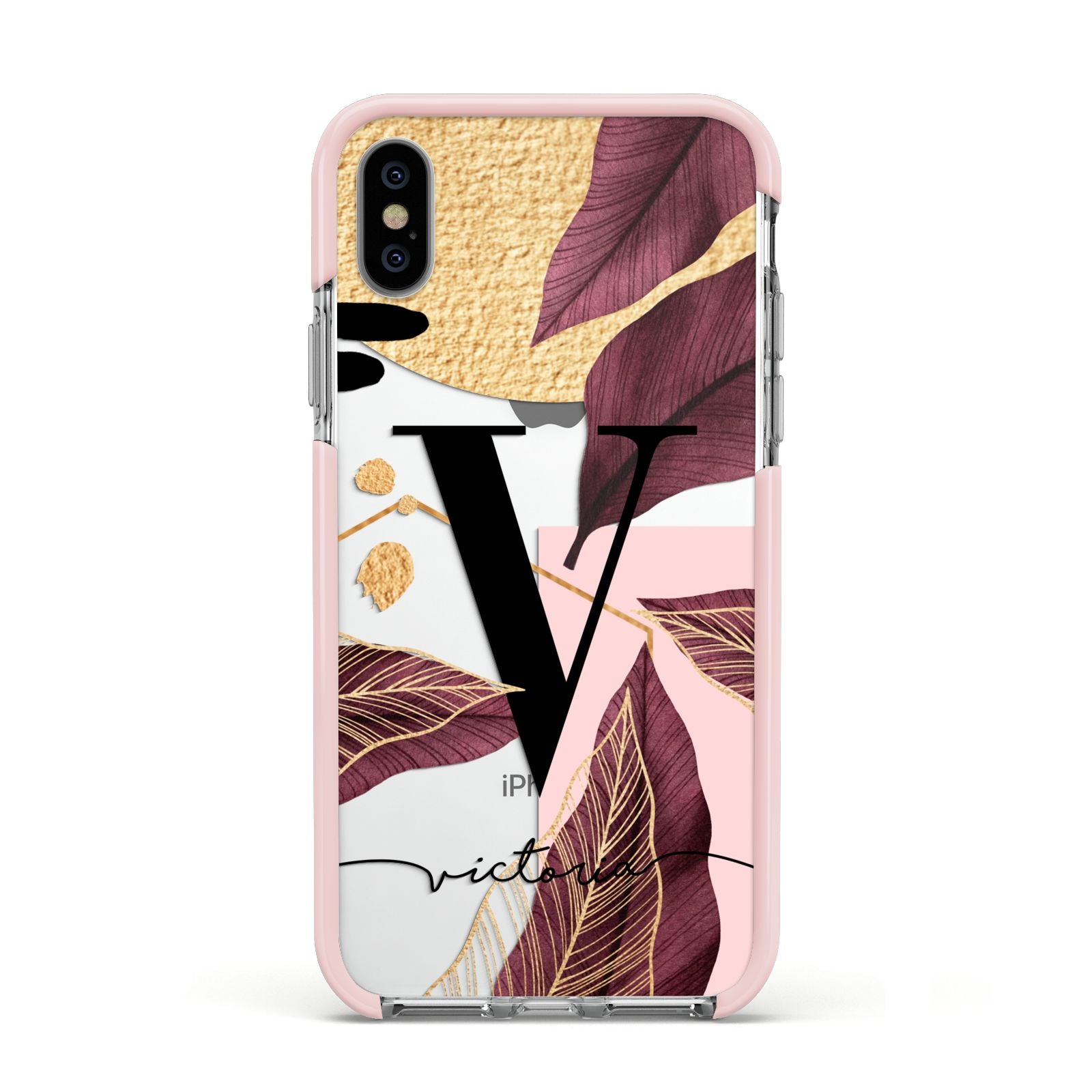 Monogram Tropical Leaves Apple iPhone Xs Impact Case Pink Edge on Silver Phone