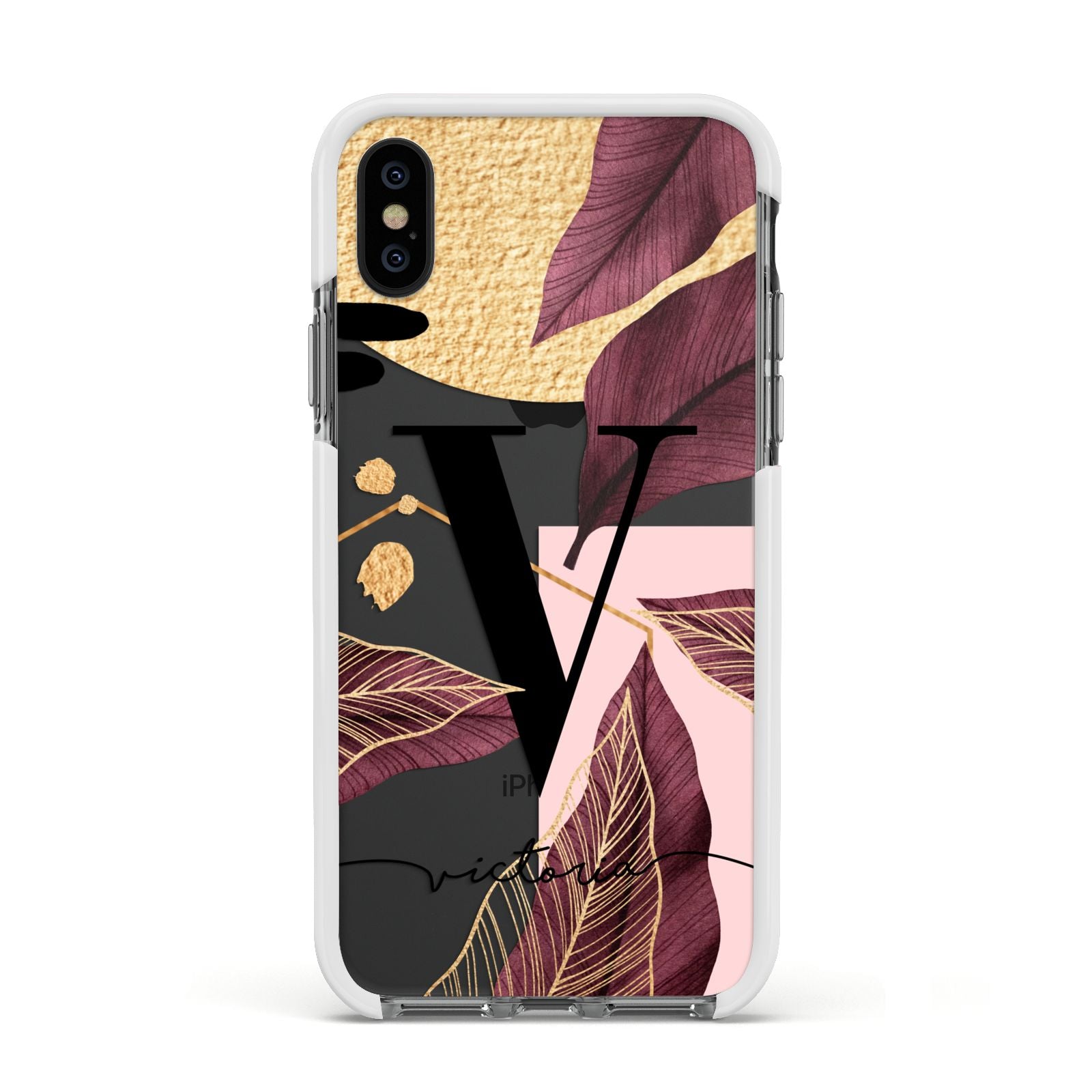 Monogram Tropical Leaves Apple iPhone Xs Impact Case White Edge on Black Phone