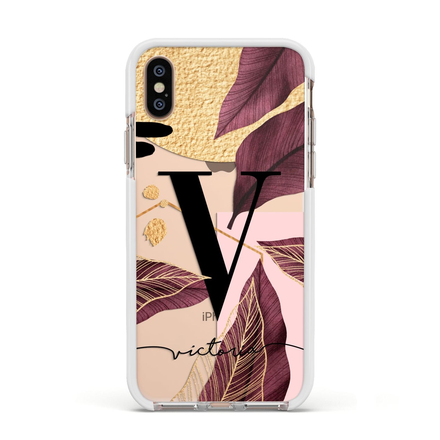 Monogram Tropical Leaves Apple iPhone Xs Impact Case White Edge on Gold Phone