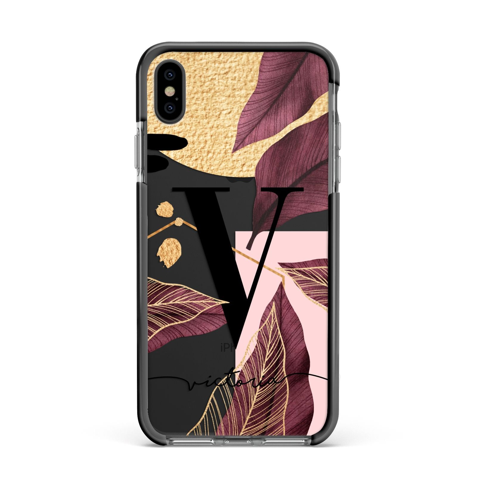 Monogram Tropical Leaves Apple iPhone Xs Max Impact Case Black Edge on Black Phone