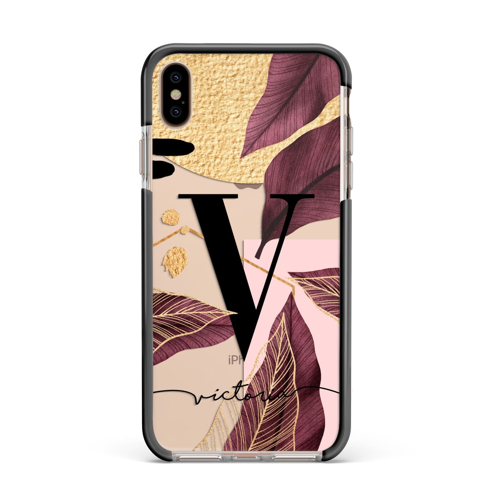 Monogram Tropical Leaves Apple iPhone Xs Max Impact Case Black Edge on Gold Phone