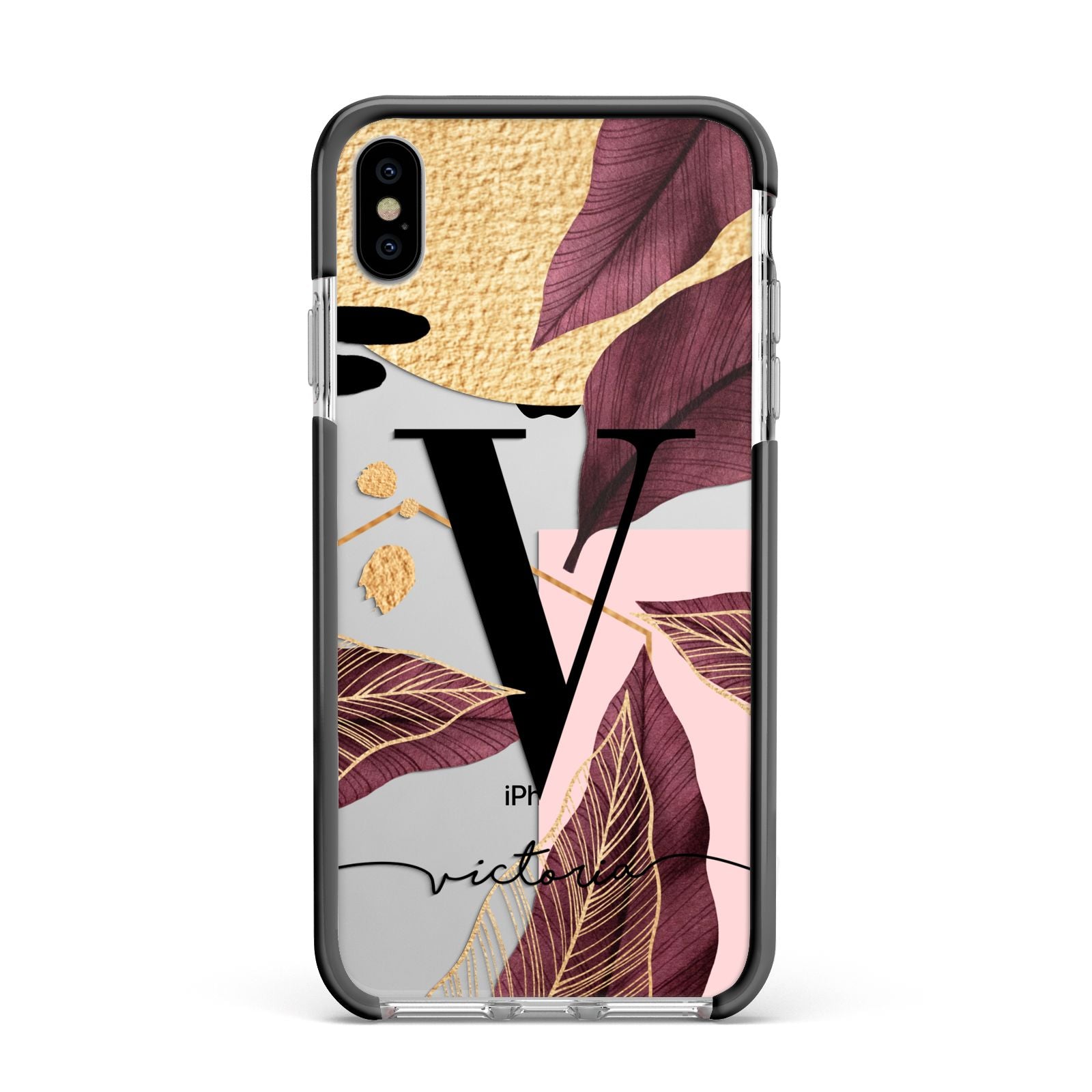 Monogram Tropical Leaves Apple iPhone Xs Max Impact Case Black Edge on Silver Phone