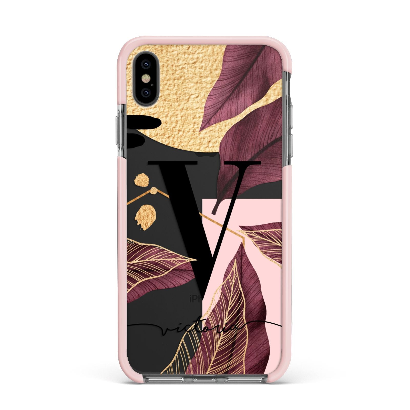 Monogram Tropical Leaves Apple iPhone Xs Max Impact Case Pink Edge on Black Phone