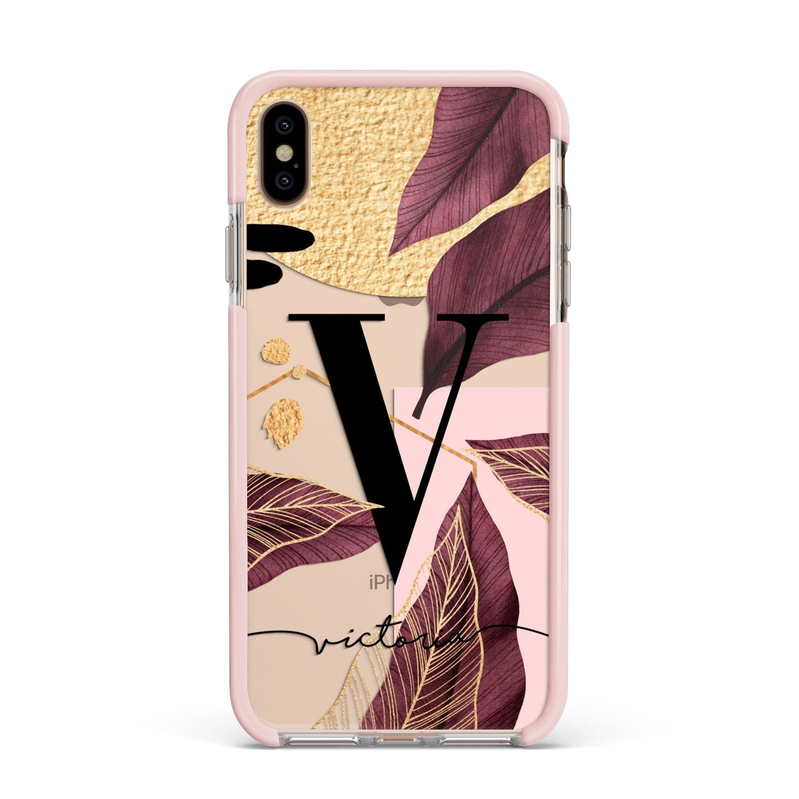 Monogram Tropical Leaves Apple iPhone Xs Max Impact Case Pink Edge on Gold Phone