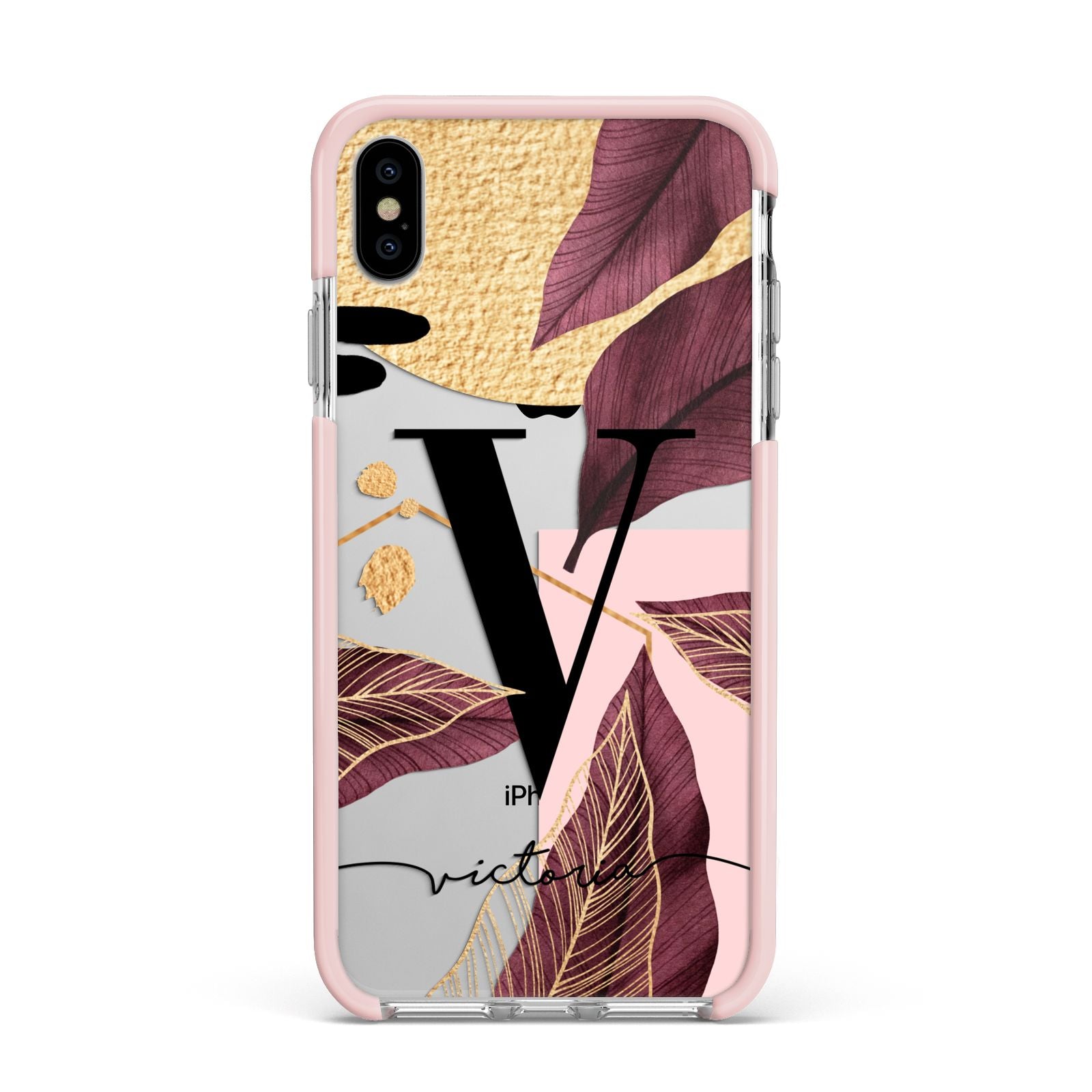 Monogram Tropical Leaves Apple iPhone Xs Max Impact Case Pink Edge on Silver Phone