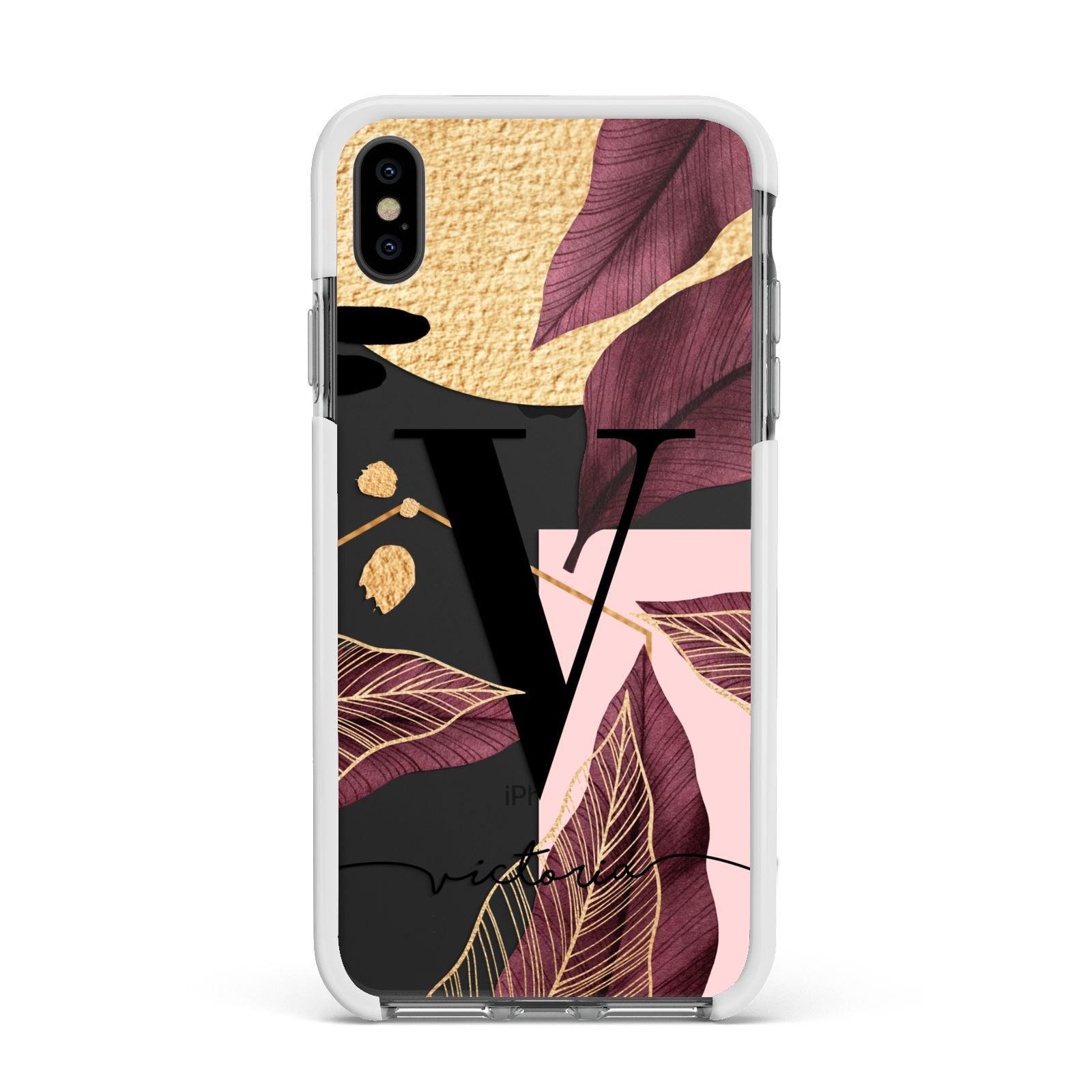 Monogram Tropical Leaves Apple iPhone Xs Max Impact Case White Edge on Black Phone