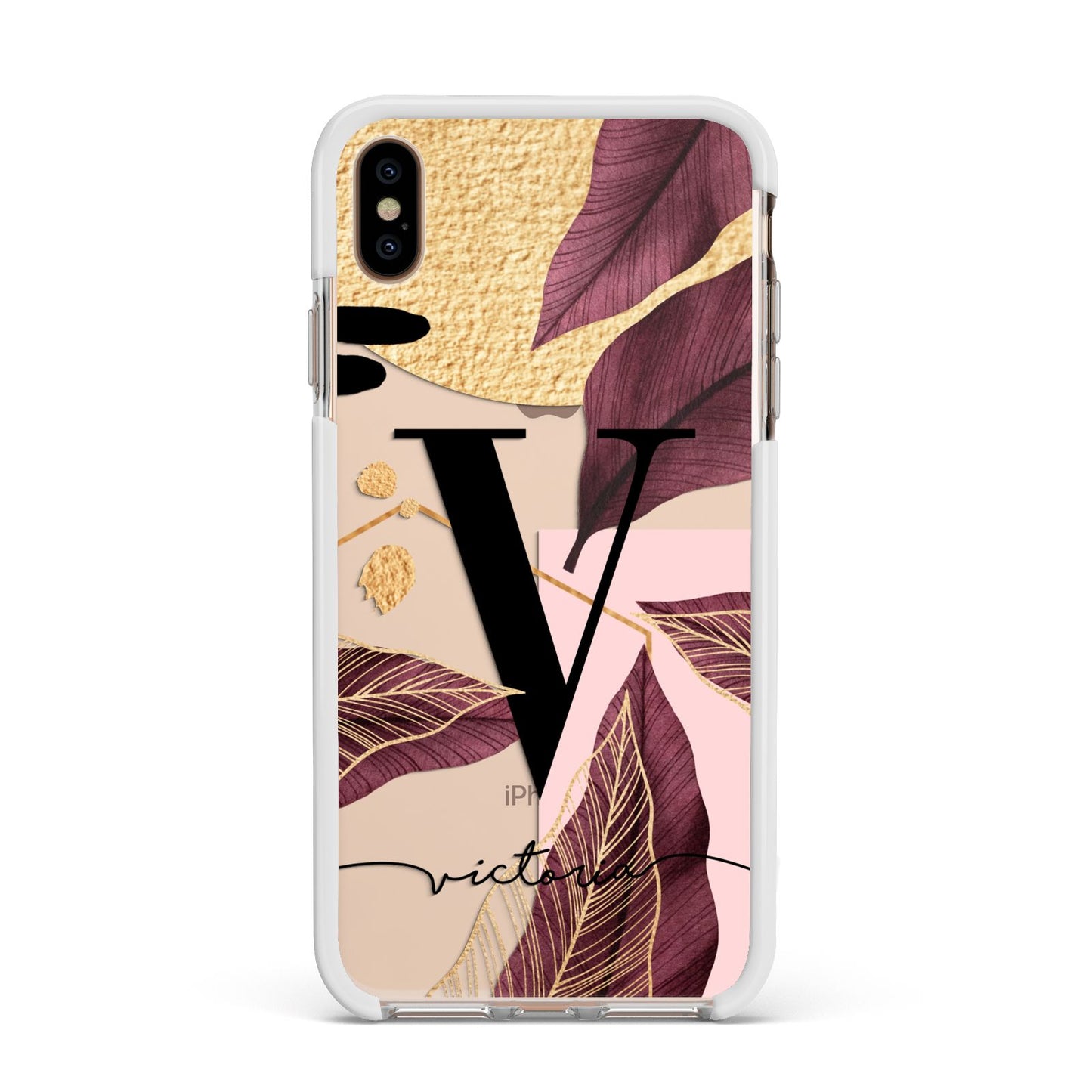Monogram Tropical Leaves Apple iPhone Xs Max Impact Case White Edge on Gold Phone