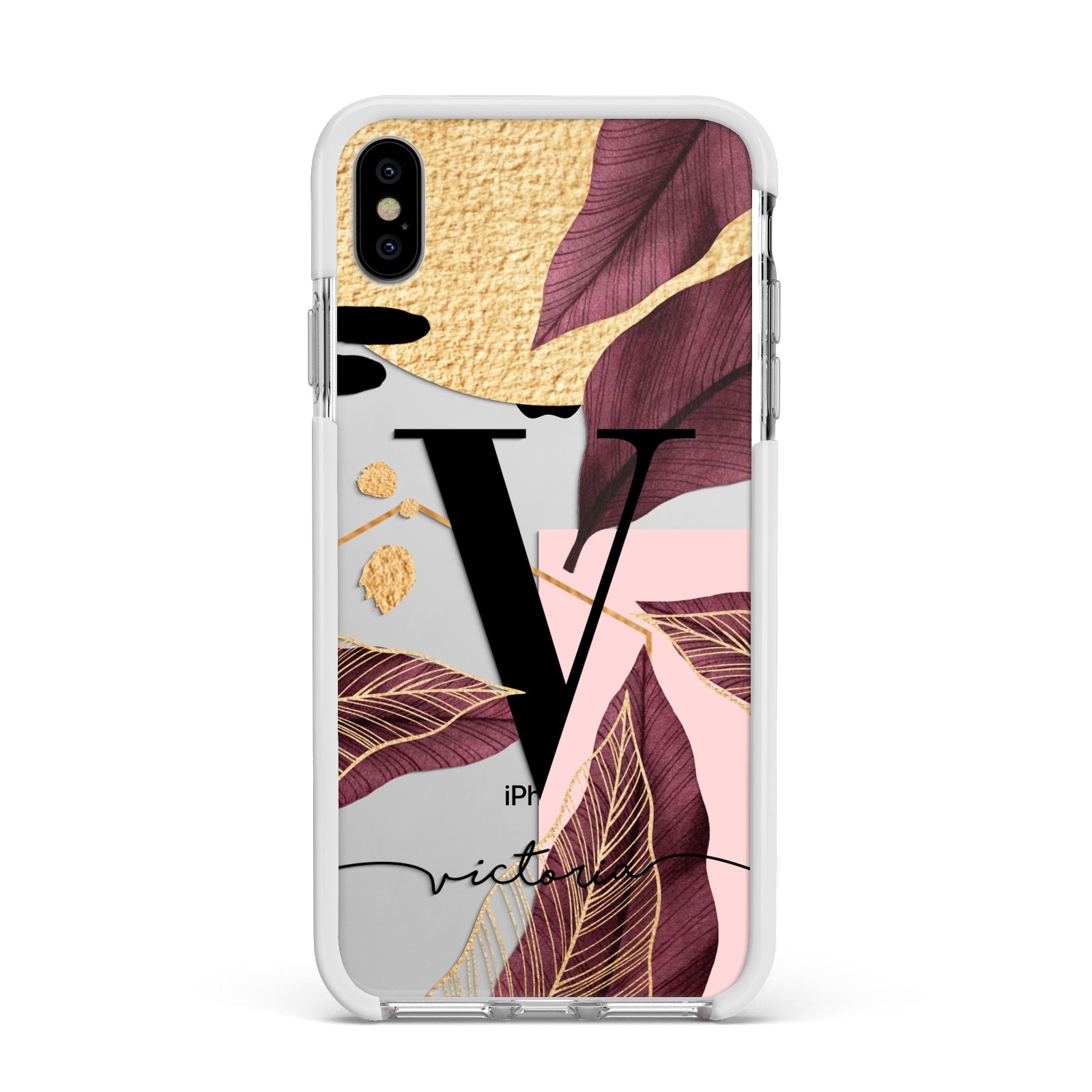 Monogram Tropical Leaves Apple iPhone Xs Max Impact Case White Edge on Silver Phone
