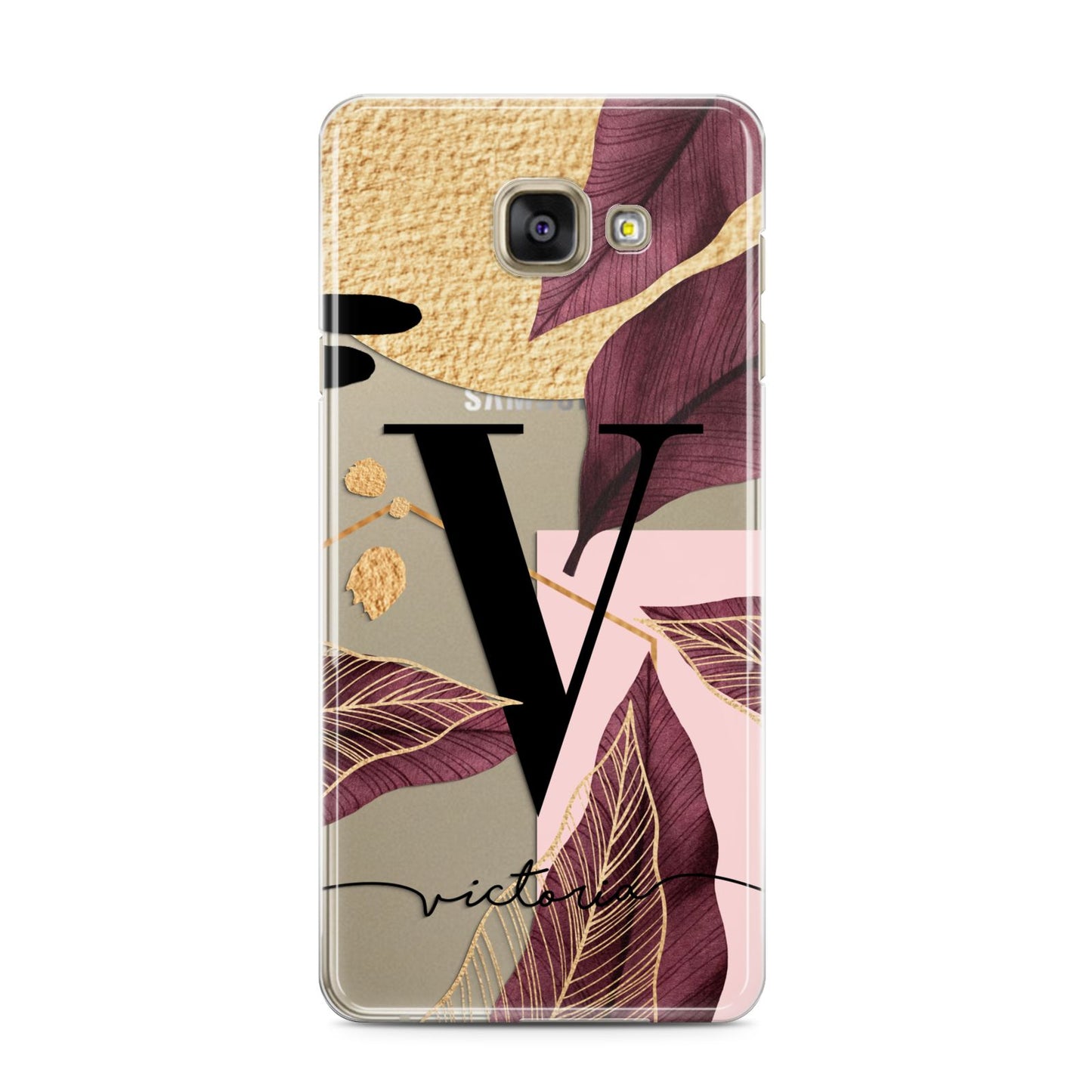 Monogram Tropical Leaves Samsung Galaxy A3 2016 Case on gold phone