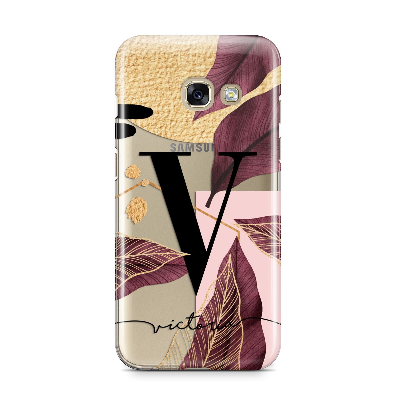 Monogram Tropical Leaves Samsung Galaxy A3 2017 Case on gold phone