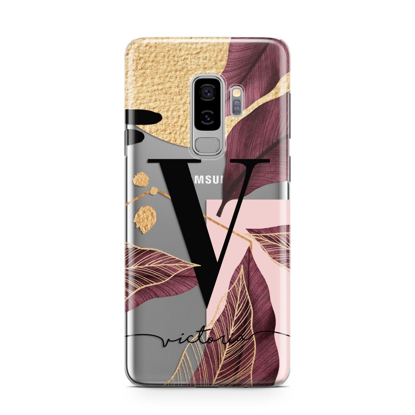 Monogram Tropical Leaves Samsung Galaxy S9 Plus Case on Silver phone