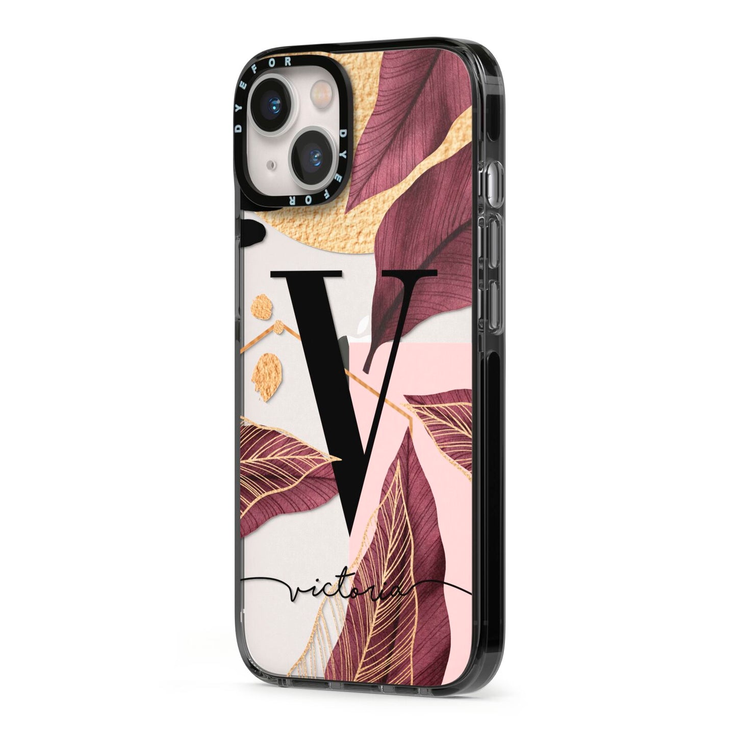 Monogram Tropical Leaves iPhone 13 Black Impact Case Side Angle on Silver phone