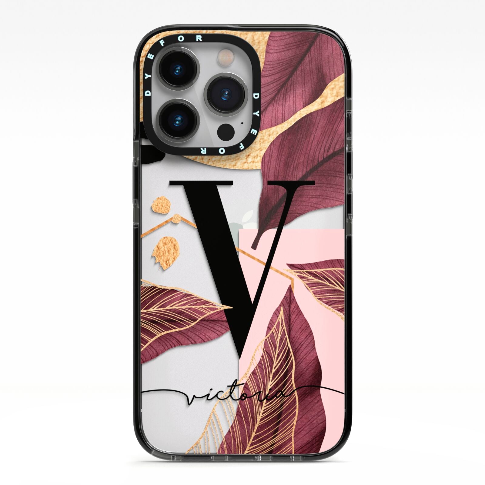 Monogram Tropical Leaves iPhone 13 Pro Black Impact Case on Silver phone