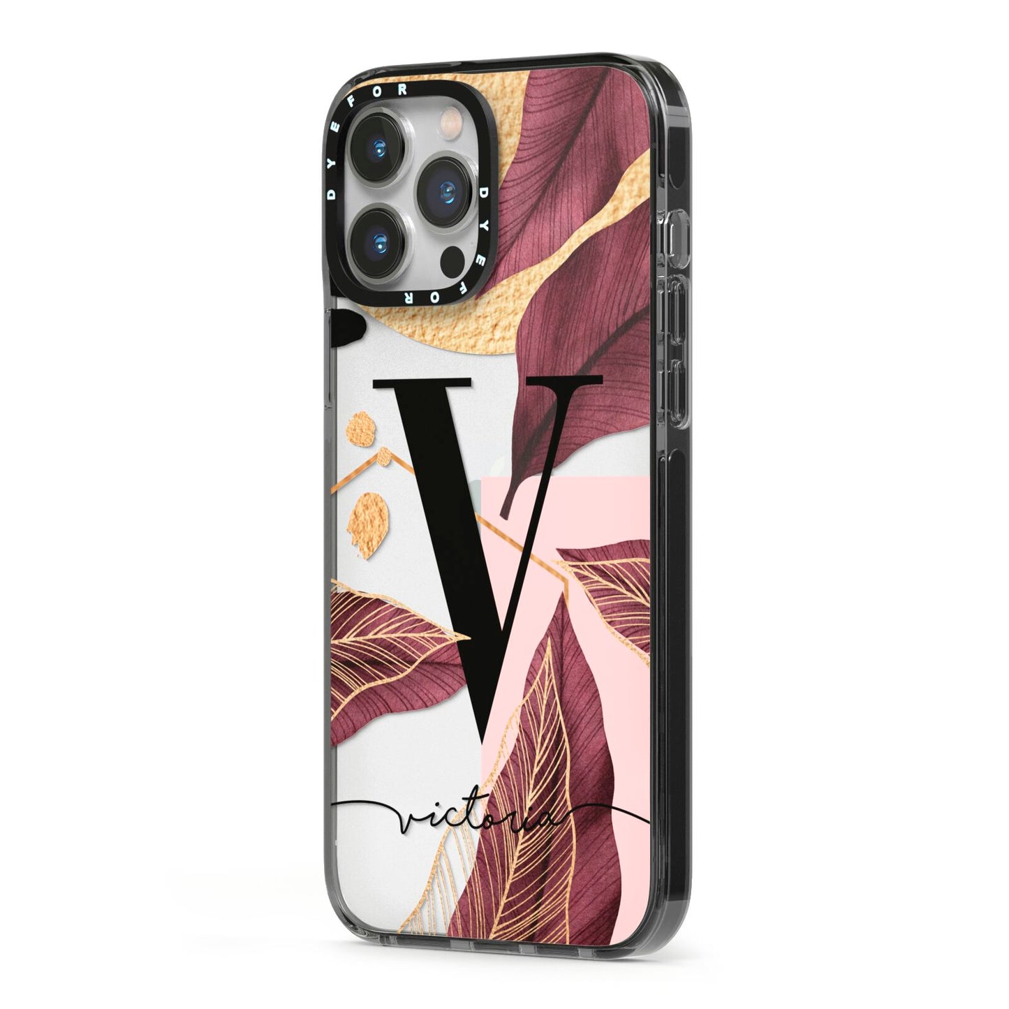 Monogram Tropical Leaves iPhone 13 Pro Max Black Impact Case Side Angle on Silver phone