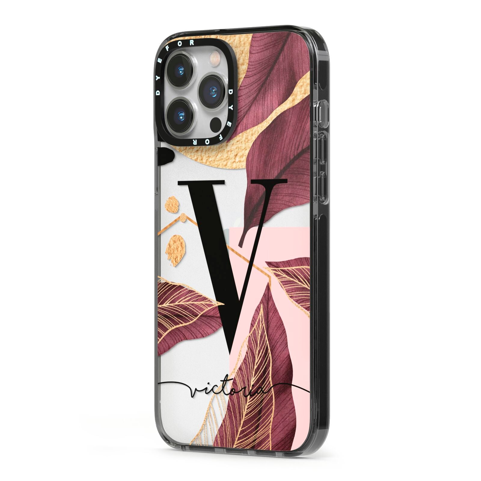 Monogram Tropical Leaves iPhone 13 Pro Max Black Impact Case Side Angle on Silver phone