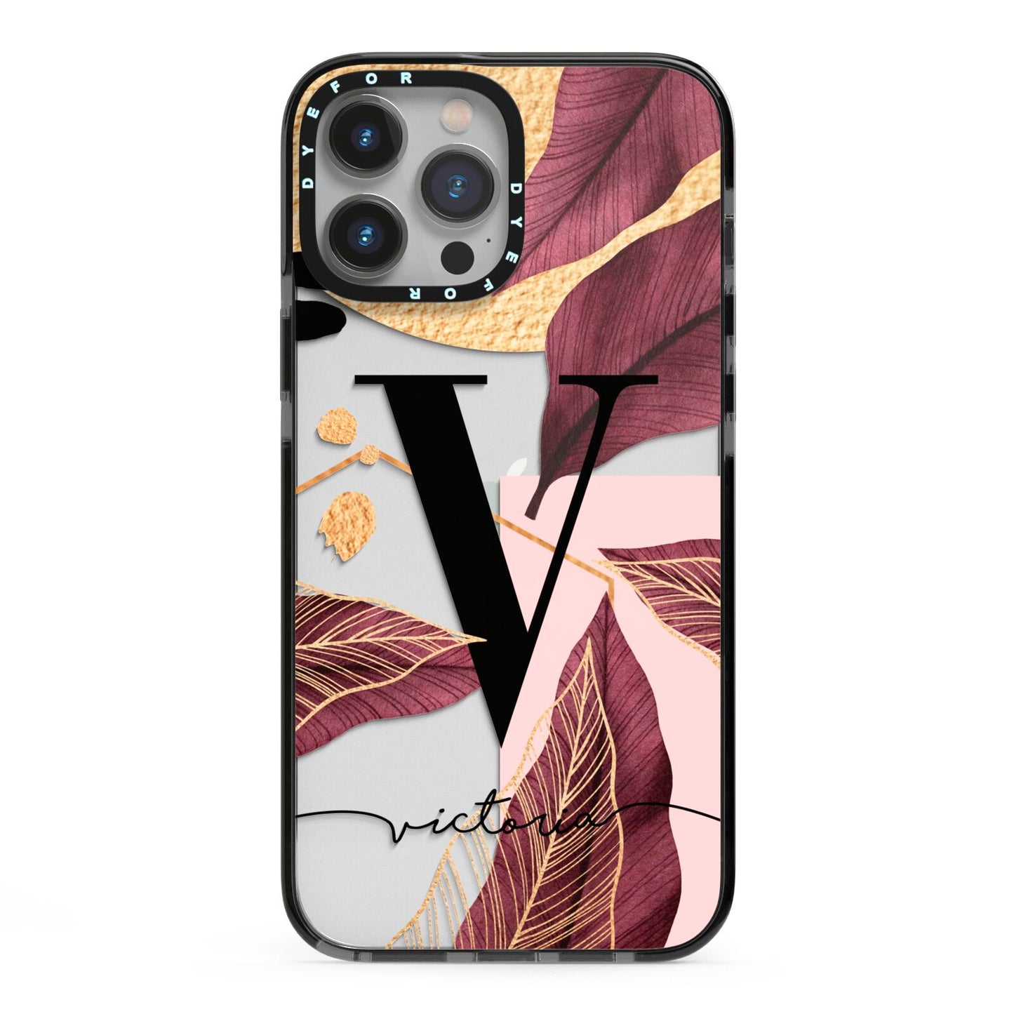 Monogram Tropical Leaves iPhone 13 Pro Max Black Impact Case on Silver phone