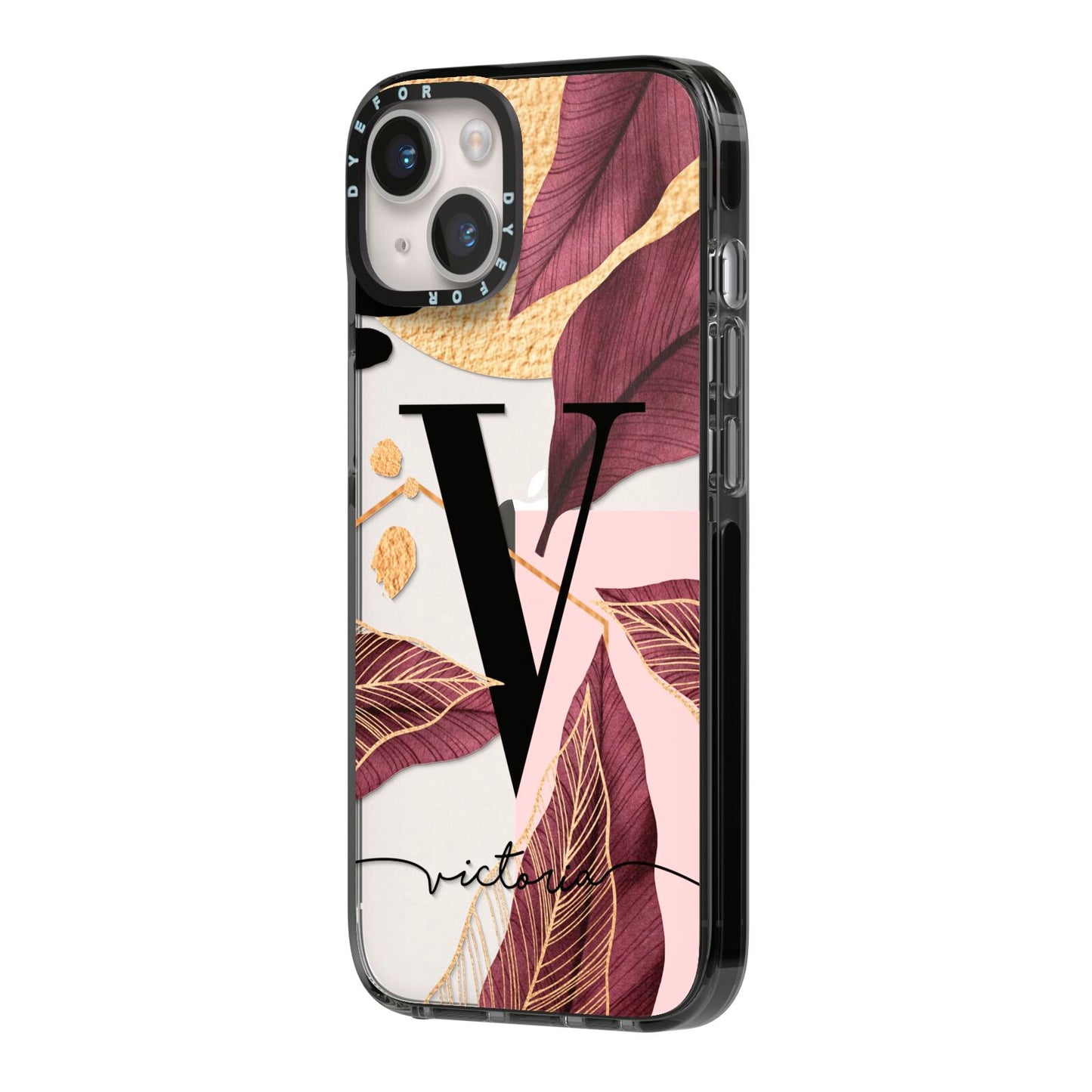 Monogram Tropical Leaves iPhone 14 Black Impact Case Side Angle on Silver phone