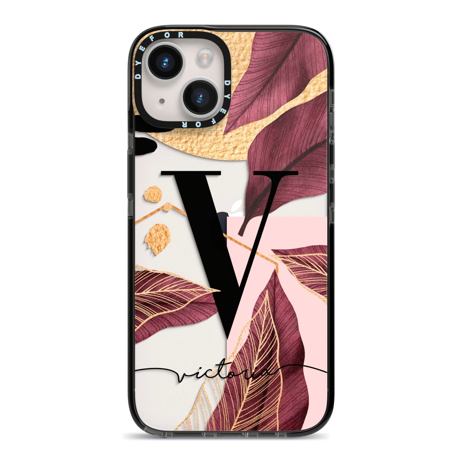 Monogram Tropical Leaves iPhone 14 Black Impact Case on Silver phone