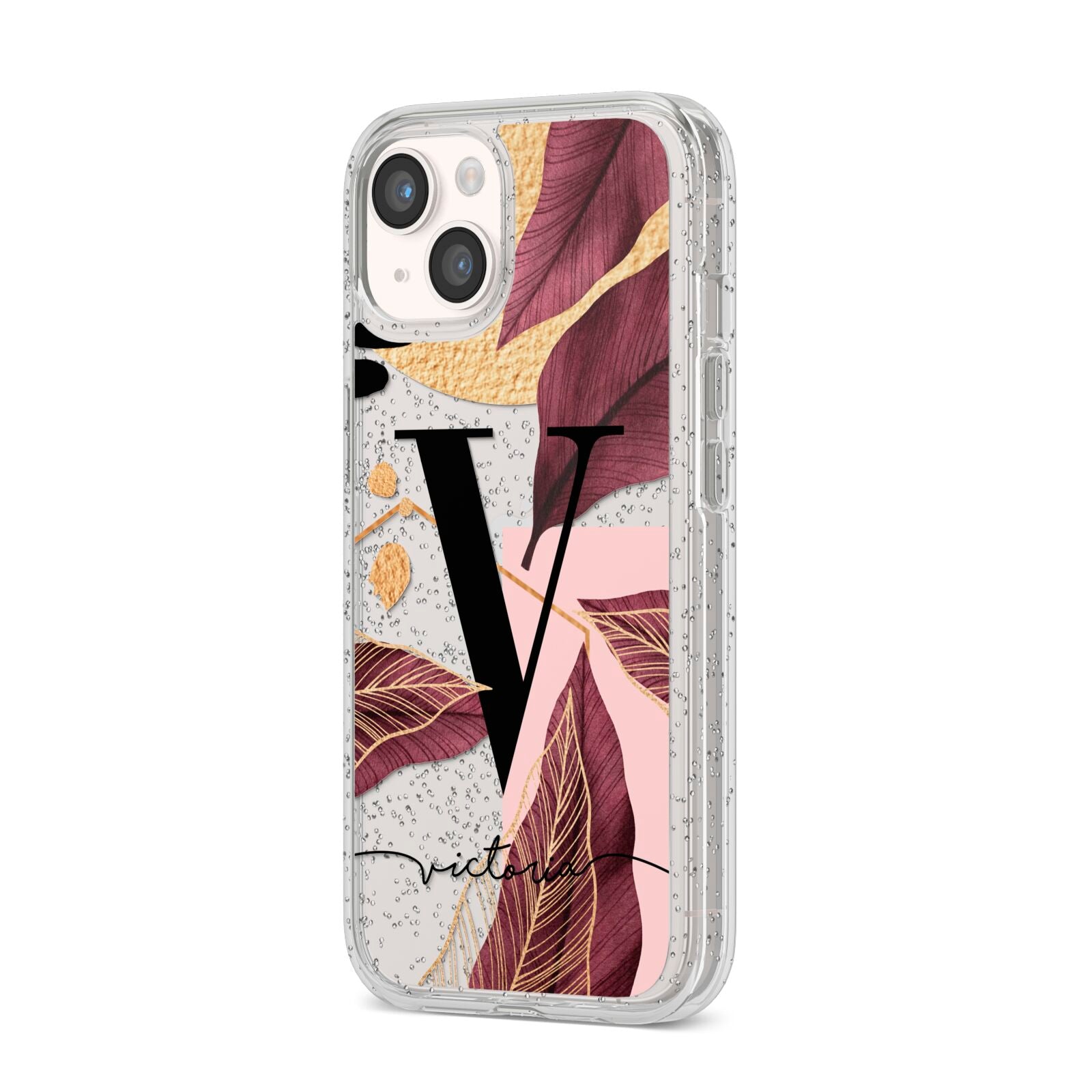 Monogram Tropical Leaves iPhone 14 Glitter Tough Case Starlight Angled Image