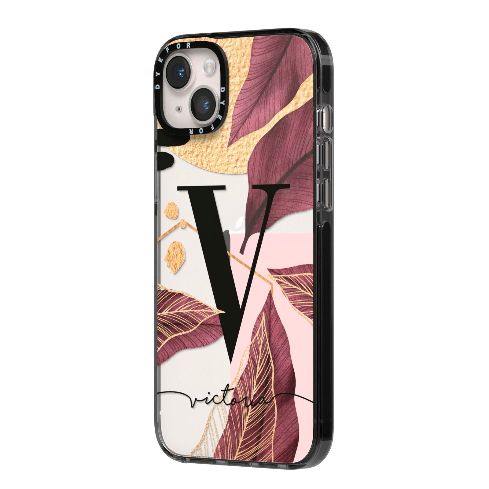 Monogram Tropical Leaves iPhone 14 Plus Black Impact Case Side Angle on Silver phone