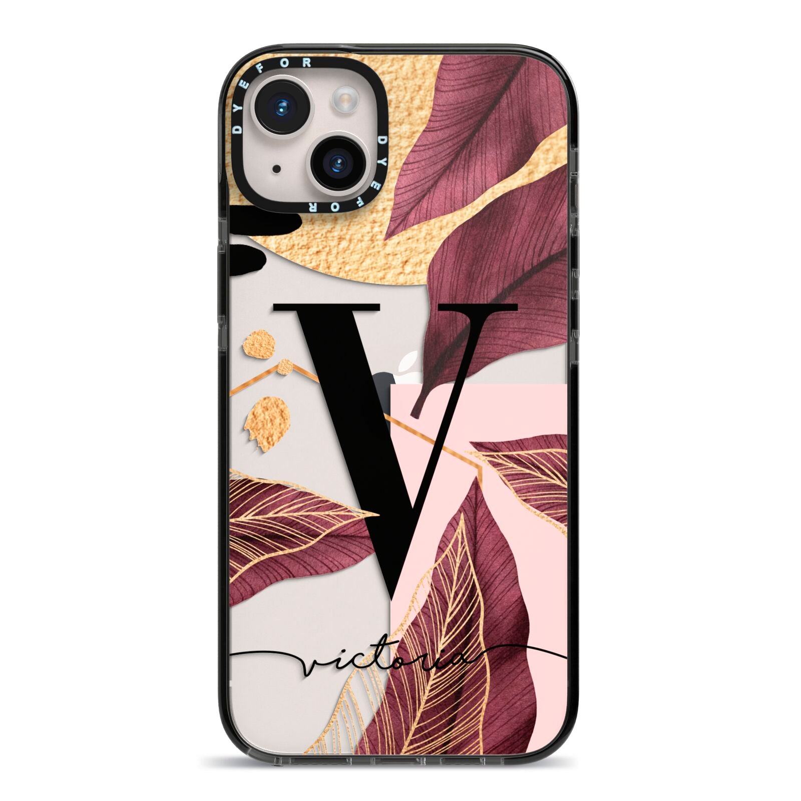 Monogram Tropical Leaves iPhone 14 Plus Black Impact Case on Silver phone