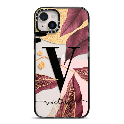 Monogram Tropical Leaves iPhone 14 Plus Black Impact Case on Silver phone