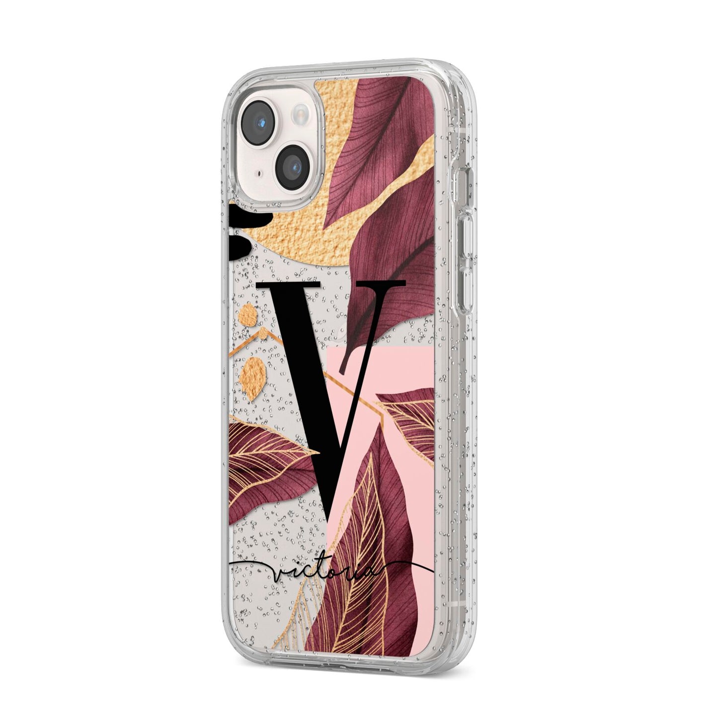 Monogram Tropical Leaves iPhone 14 Plus Glitter Tough Case Starlight Angled Image