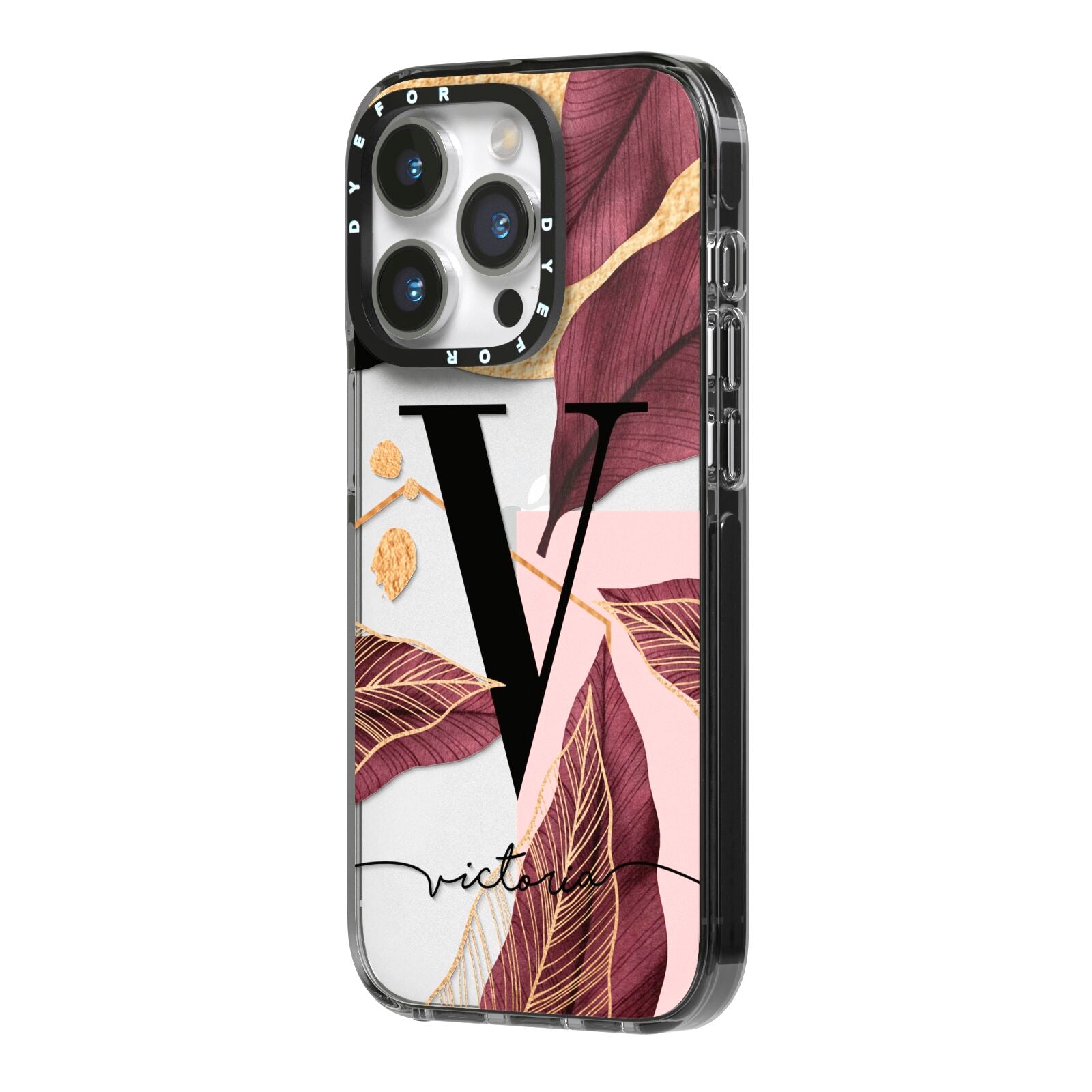 Monogram Tropical Leaves iPhone 14 Pro Black Impact Case Side Angle on Silver phone