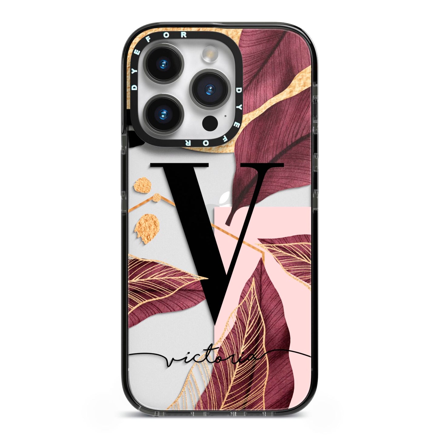 Monogram Tropical Leaves iPhone 14 Pro Black Impact Case on Silver phone