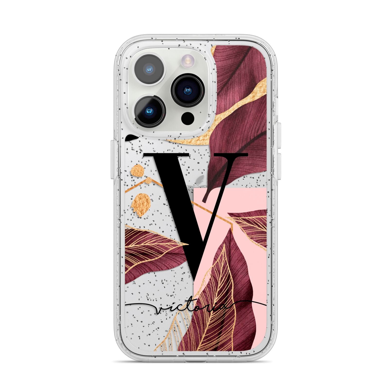 Monogram Tropical Leaves iPhone 14 Pro Glitter Tough Case Silver