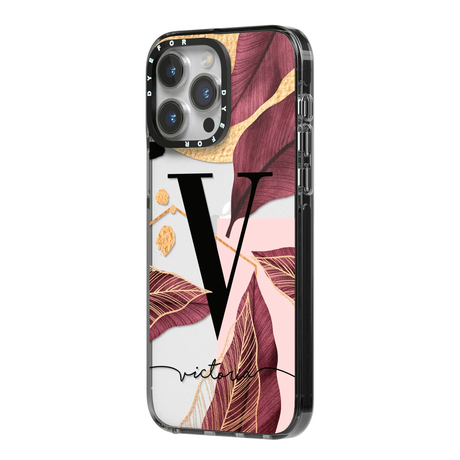 Monogram Tropical Leaves iPhone 14 Pro Max Black Impact Case Side Angle on Silver phone