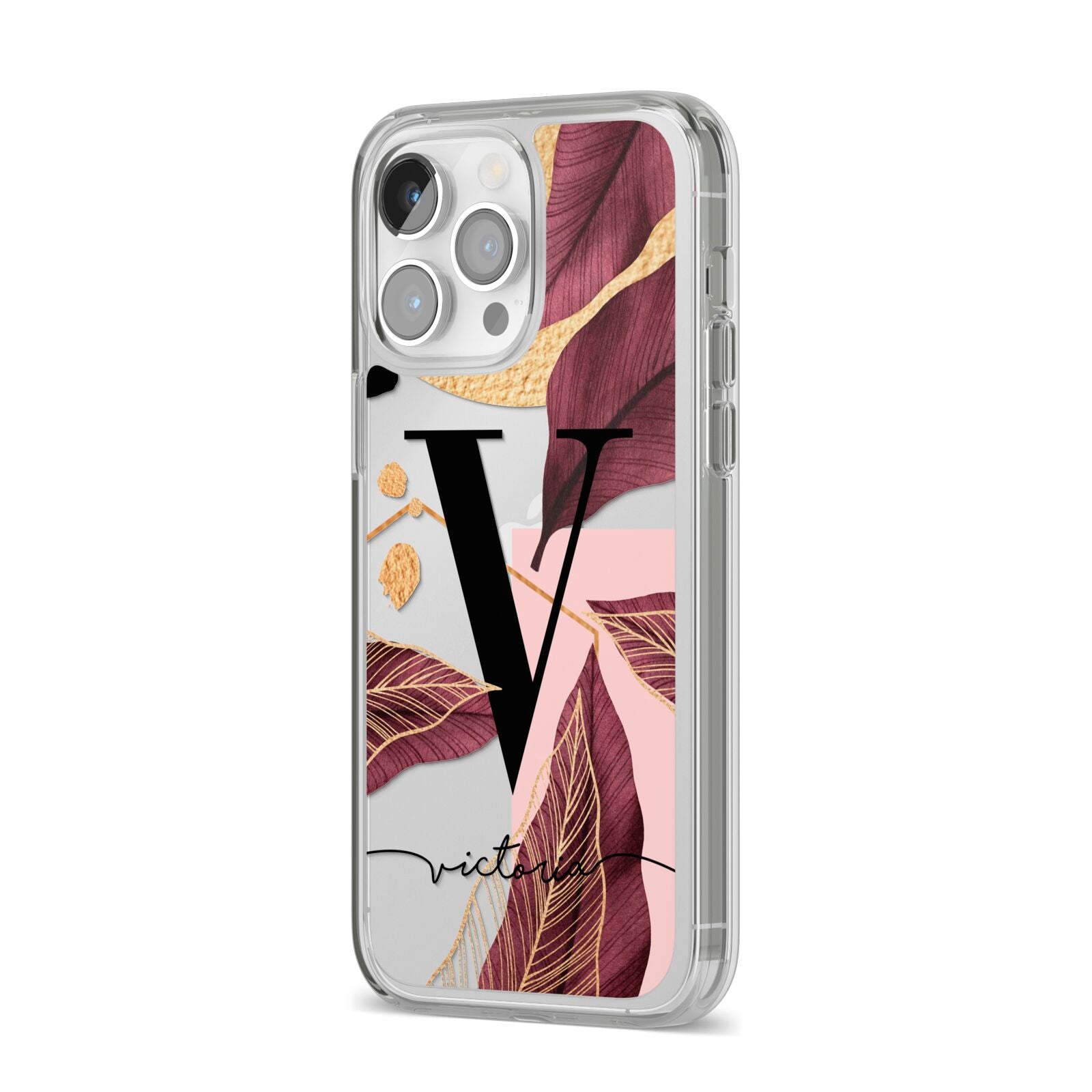 Monogram Tropical Leaves iPhone 14 Pro Max Clear Tough Case Silver Angled Image