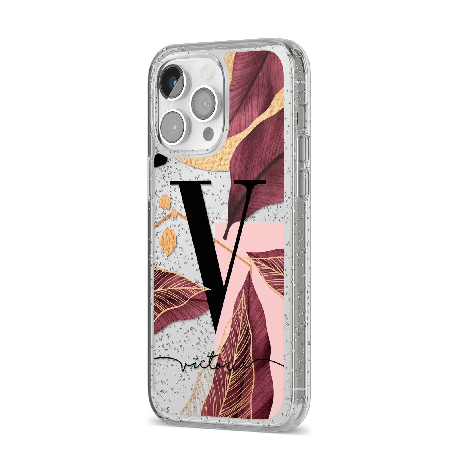 Monogram Tropical Leaves iPhone 14 Pro Max Glitter Tough Case Silver Angled Image