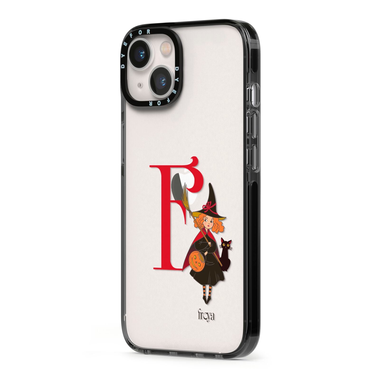 Monogram Witch iPhone 13 Black Impact Case Side Angle on Silver phone