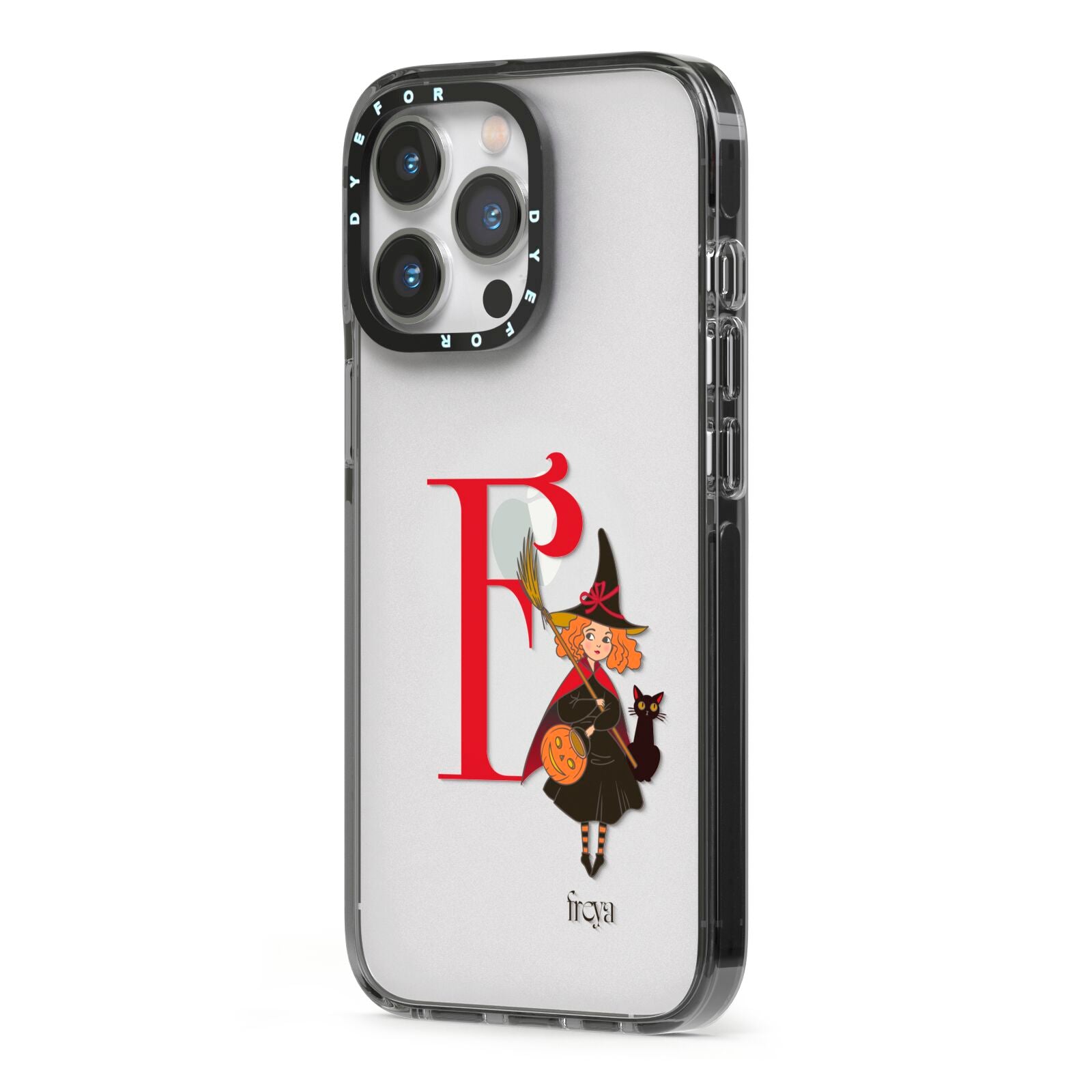 Monogram Witch iPhone 13 Pro Black Impact Case Side Angle on Silver phone