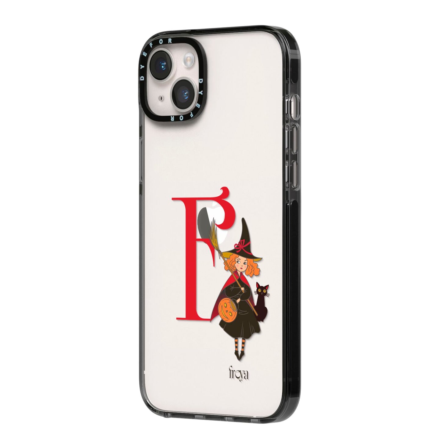 Monogram Witch iPhone 14 Plus Black Impact Case Side Angle on Silver phone